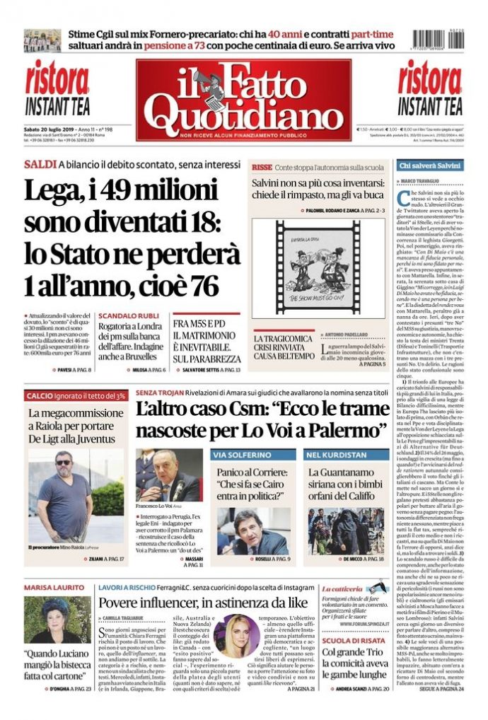 Copertina di sabato 20 luglio 2019