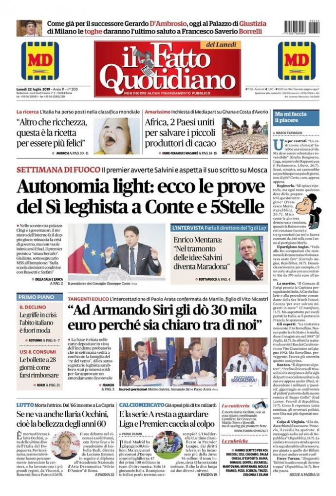 Copertina di lunedì 22 luglio 2019