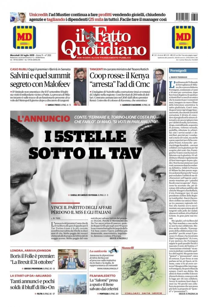 Copertina di mercoledì 24 luglio 2019