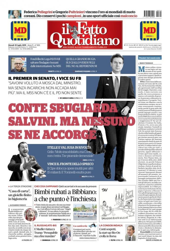 Copertina di giovedì 25 luglio 2019