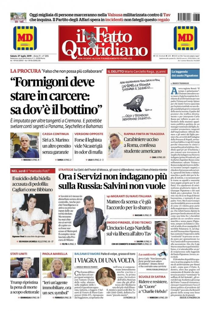 Copertina di sabato 27 luglio 2019