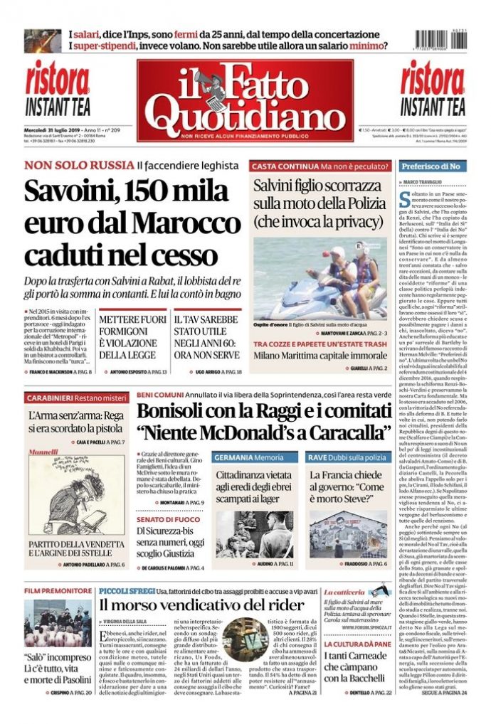 Copertina di mercoledì 31 luglio 2019