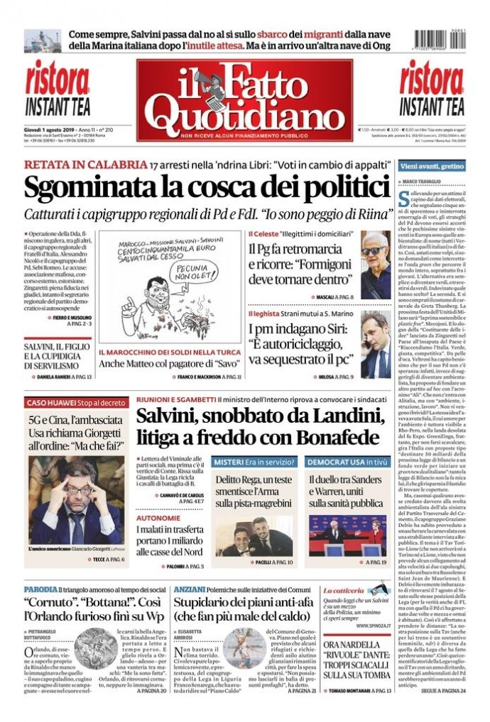 Copertina di giovedì 1 agosto 2019