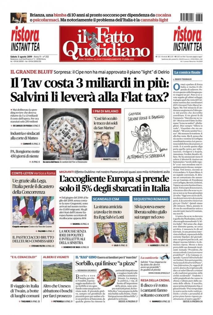 Copertina di sabato 3 agosto 2019