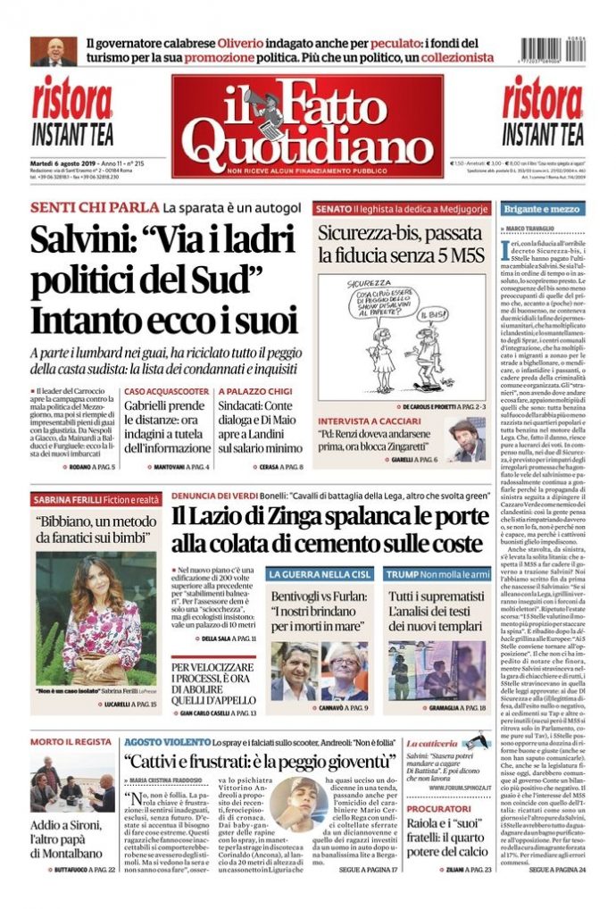 Copertina di martedì 6 agosto 2019