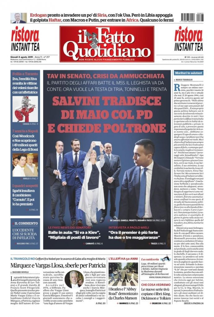 Copertina de Il Fatto Quotidiano di Gio 8 Agosto 2019