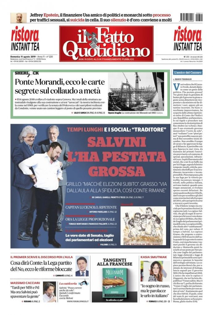 Copertina di domenica 11 agosto 2019