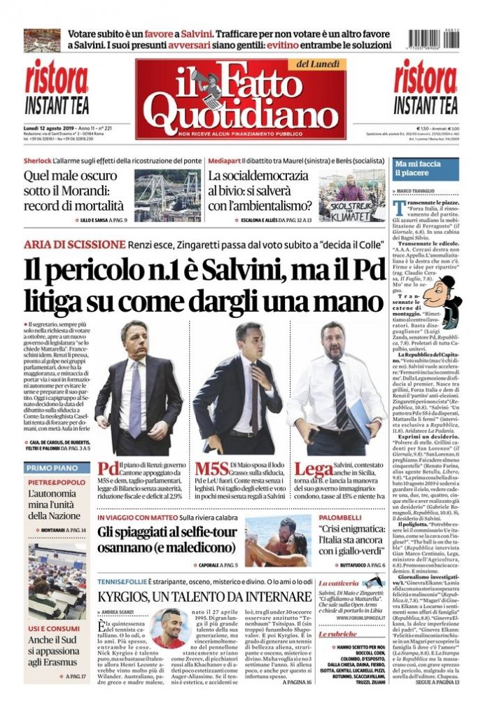 Copertina di lunedì 12 agosto 2019