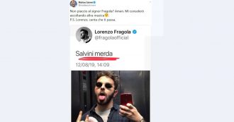Copertina di Lorenzo Fragola su Twitter: “Salvini m…”. Il ministro: “Ascolterò altro”. Il cantante ribatte: “Sei forte come dj, 49 milioni di singoli”