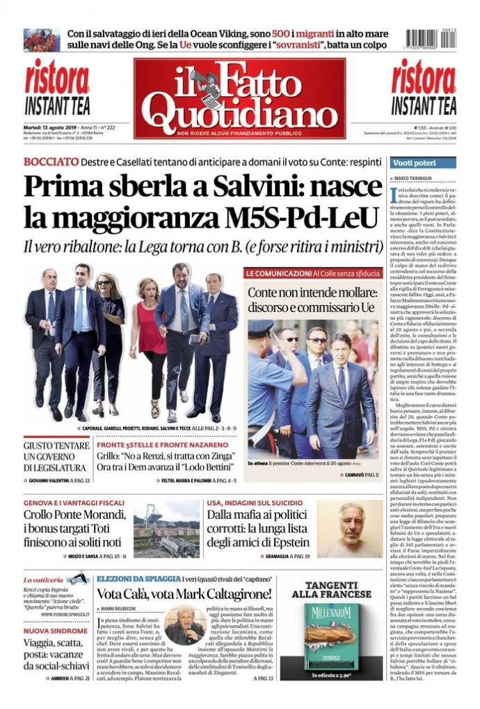 Copertina di martedì 13 agosto 2019