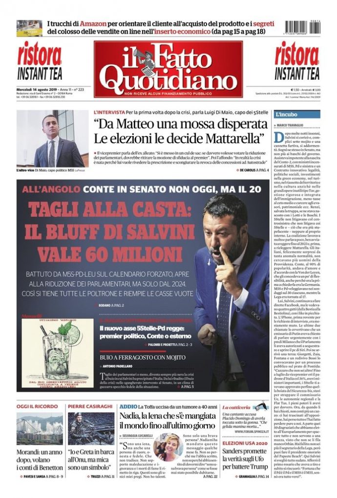 Copertina di mercoledì 14 agosto 2019