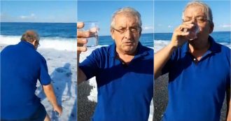 Copertina di Diamante, il sindaco Ernesto Magorno (Pd) si beve un bicchiere d’acqua di mare: “Inquinato? Così i chiacchieroni la finiranno di denigrarci”