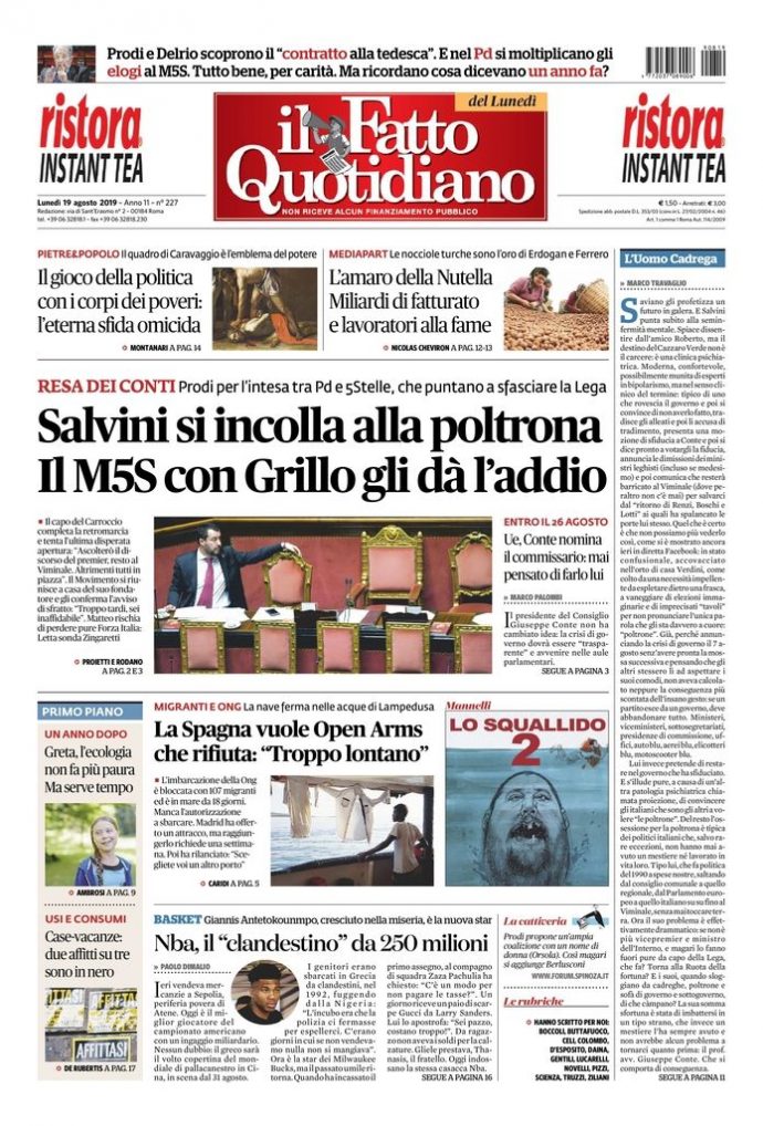 Copertina di lunedì 19 agosto 2019