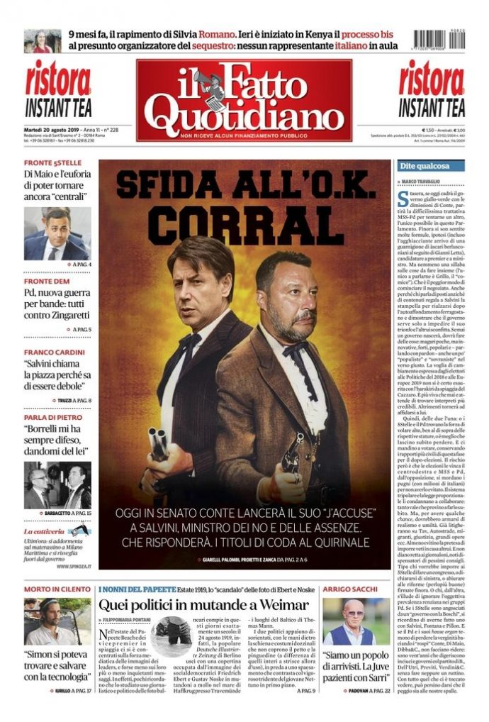 Copertina di martedì 20 agosto 2019