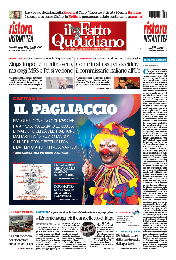 Prima Pagina Il Fatto Quotidiano - Il pagliaccio