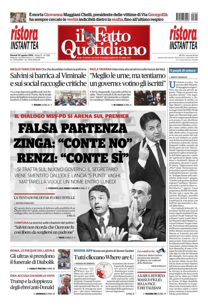 Copertina di giovedì 22 agosto 2019