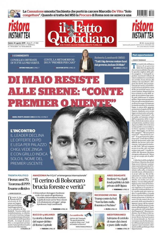 Copertina di sabato 24 agosto 2019