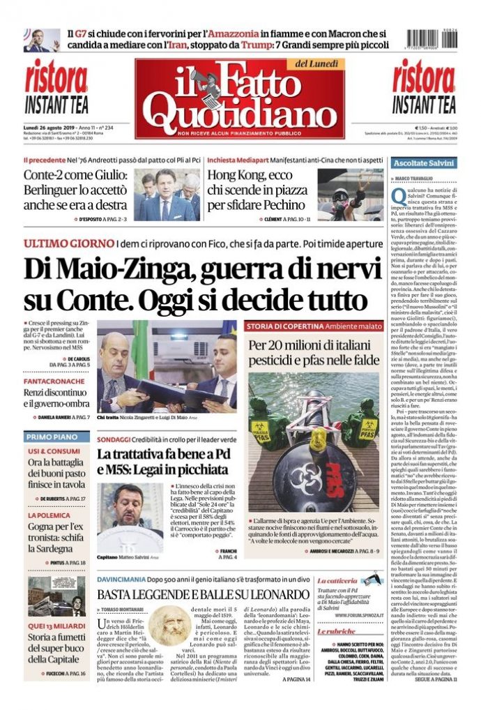 Copertina di lunedì 26 agosto 2019