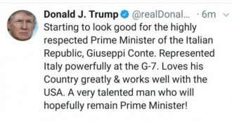 Copertina di Crisi di governo, Trump lancia un endorsement a Conte: “Spero che resti premier”. Ma all’inizio sbaglia nome