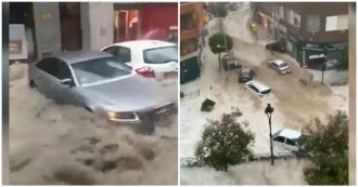 Copertina di Maltempo a Madrid, auto e cassonetti trascinati e portati via dai fiumi d’acqua: le immagini