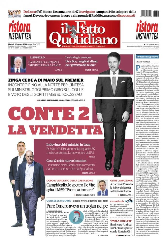 Copertina di martedì 27 agosto 2019