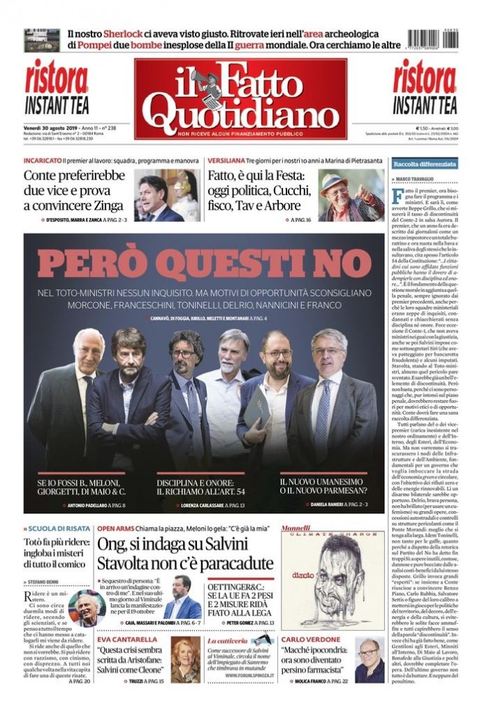 Copertina di venerdì 30 agosto 2019