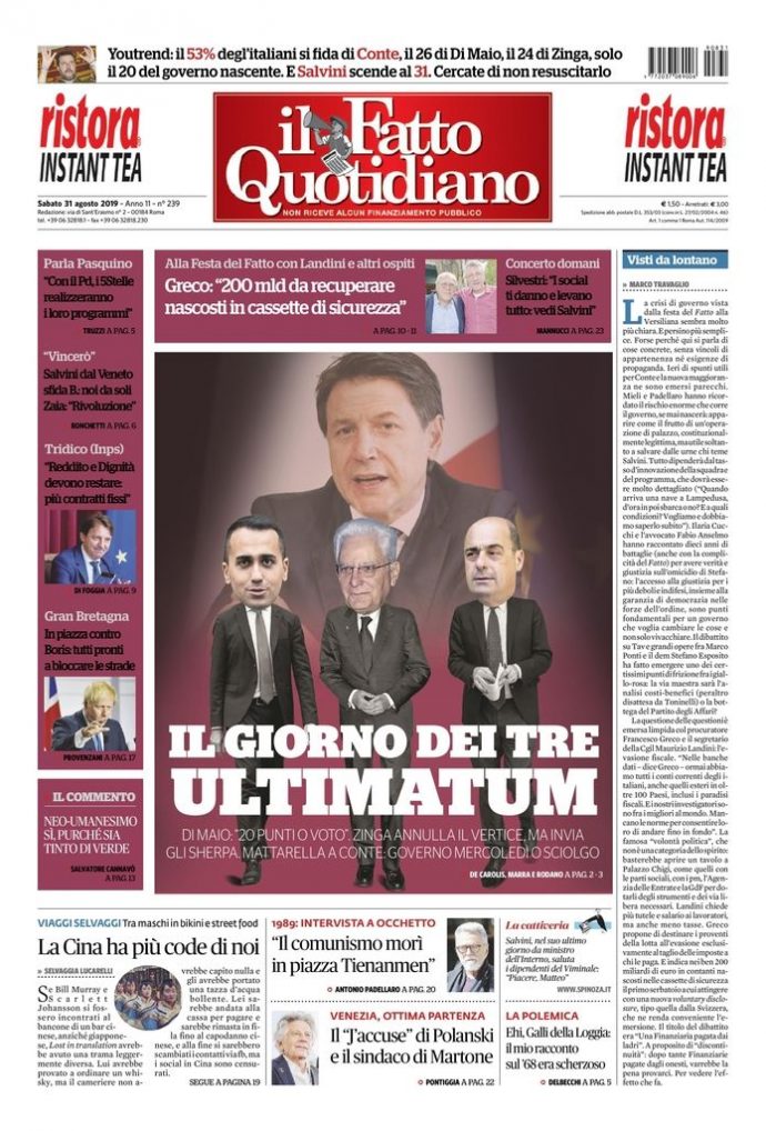 Copertina di sabato 31 agosto 2019