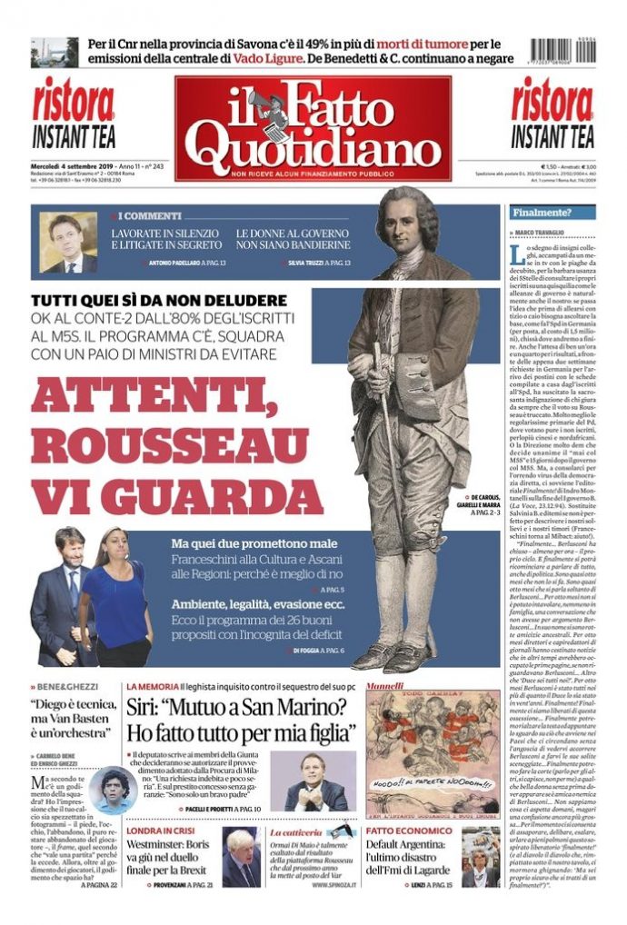 Copertina di mercoledì 4 settembre 2019