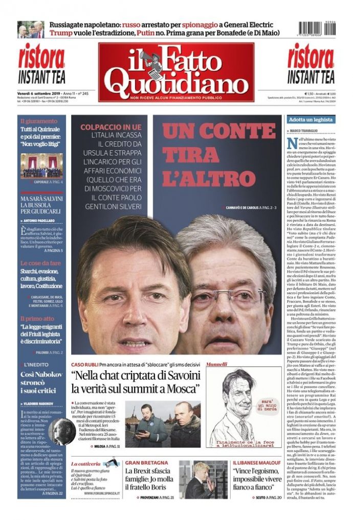 Copertina di venerdì 6 settembre 2019