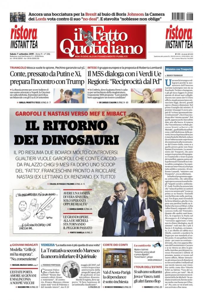 Copertina di sabato 7 settembre 2019