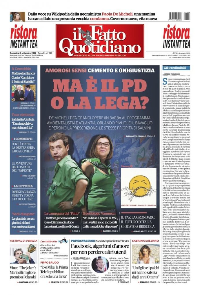 Copertina di domenica 8 settembre 2019