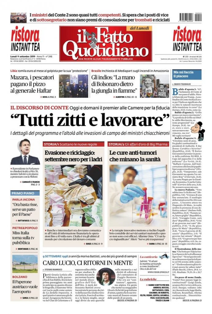 Copertina de Il Fatto Quotidiano di Lun 9 Settembre 2019