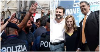 Conte alla Camera, Fdi e Lega in piazza tra cori e saluti romani: “Vogliono Prodi al Colle. Se cambiano Quota 100 li chiudiamo dentro”