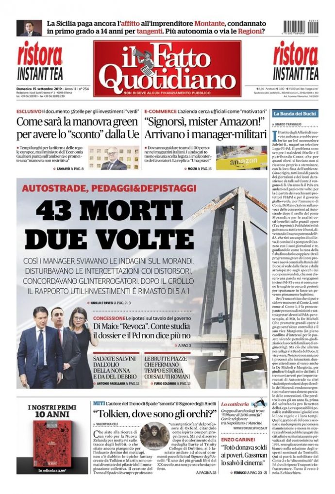 Copertina di domenica 15 settembre 2019