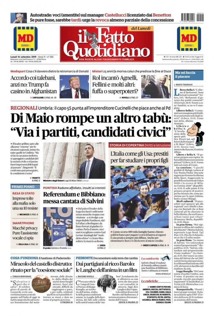 Copertina di lunedì 16 settembre 2019