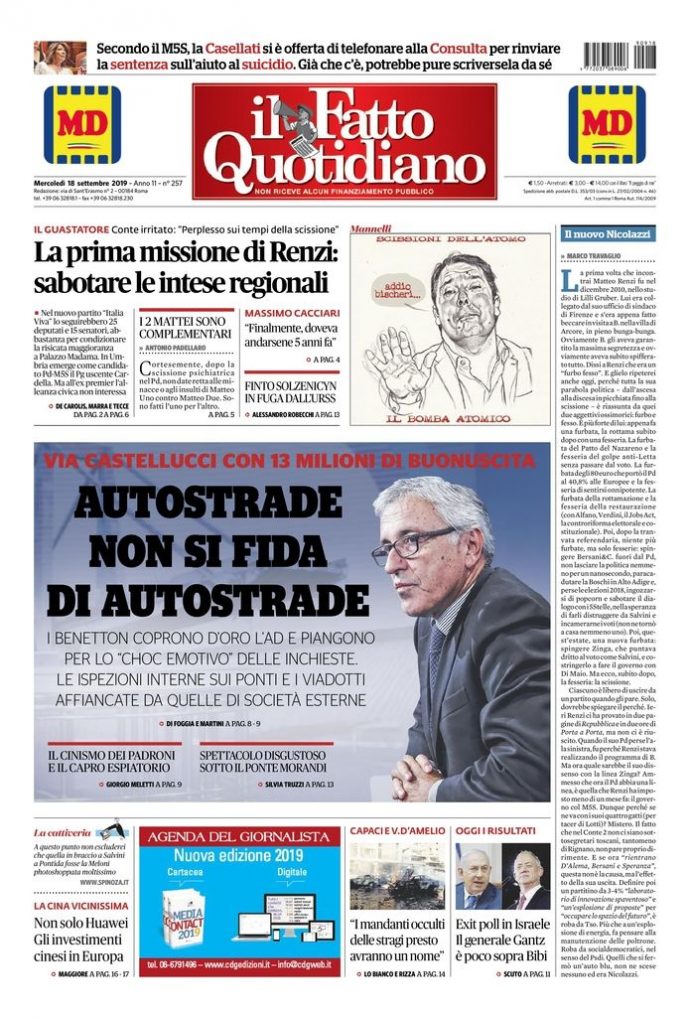 Copertina di mercoledì 18 settembre 2019