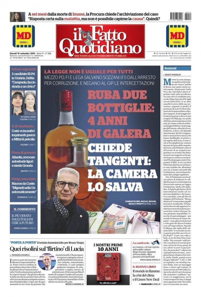 Copertina di giovedì 19 settembre 2019