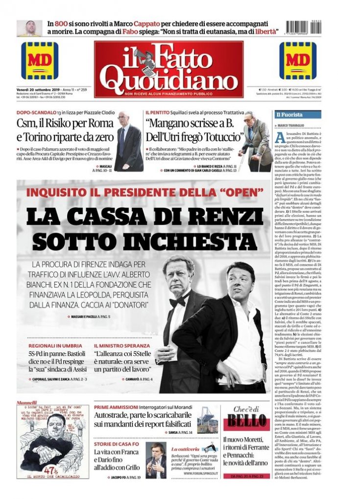 Copertina di venerdì 20 settembre 2019