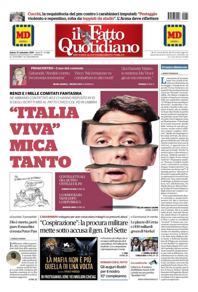 Copertina di sabato 21 settembre 2019