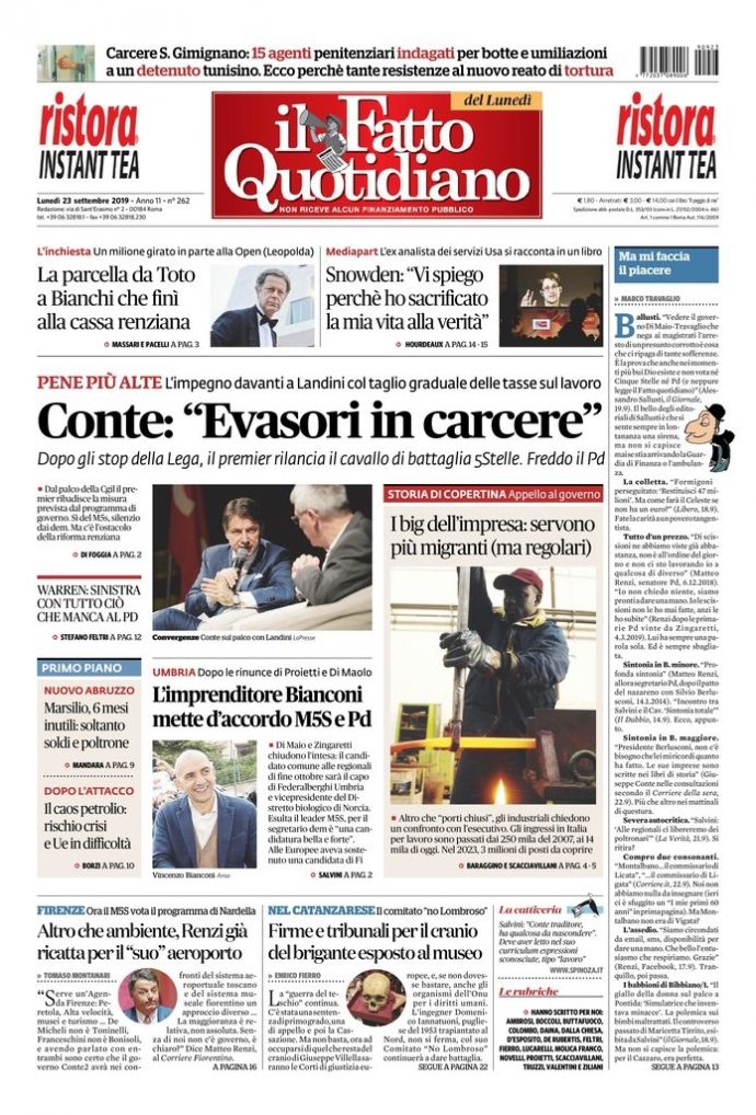 Copertina di lunedì 23 settembre 2019