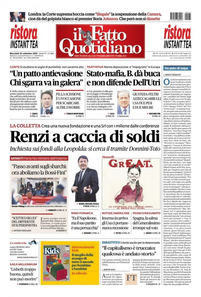 Copertina di mercoledì 25 settembre 2019