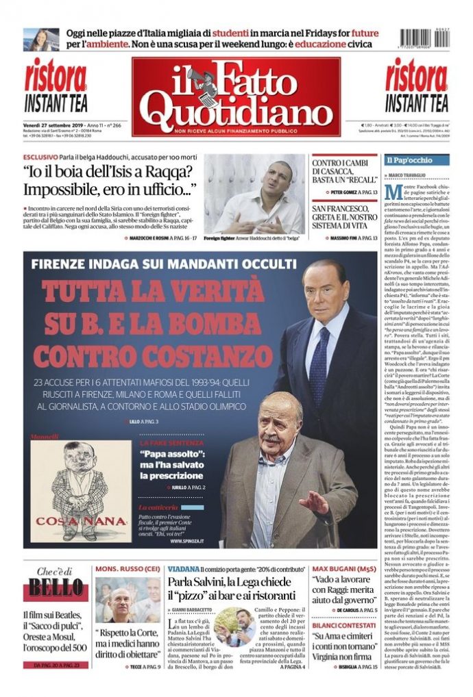 Copertina di venerdì 27 settembre 2019