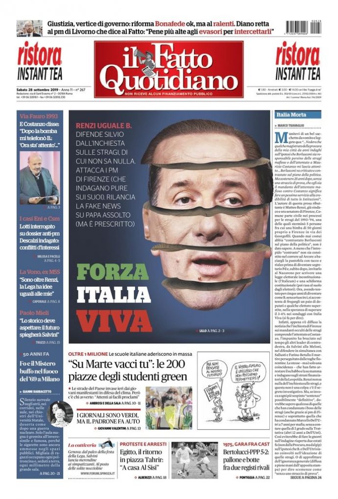 Copertina di sabato 28 settembre 2019