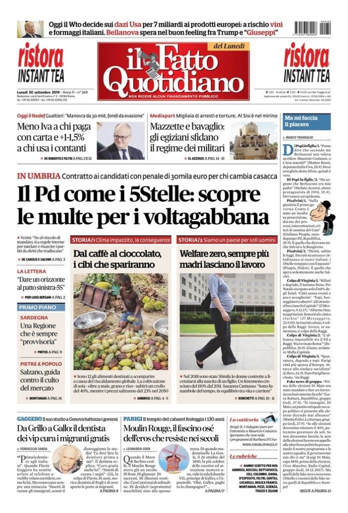 Copertina di lunedì 30 settembre 2019