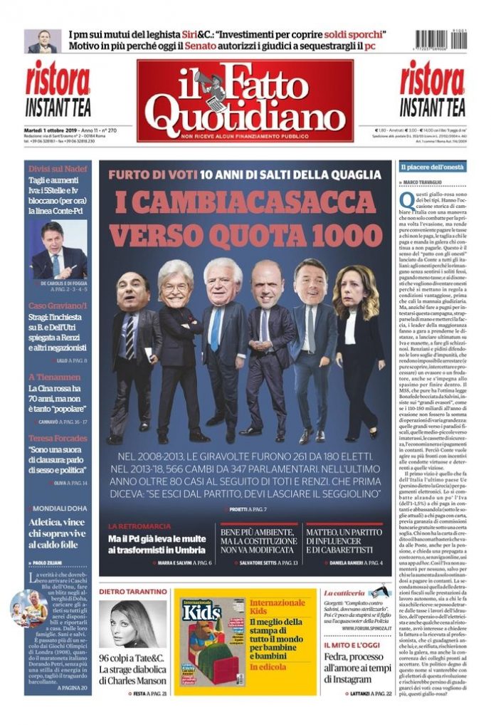 Copertina di martedì 1 ottobre 2019