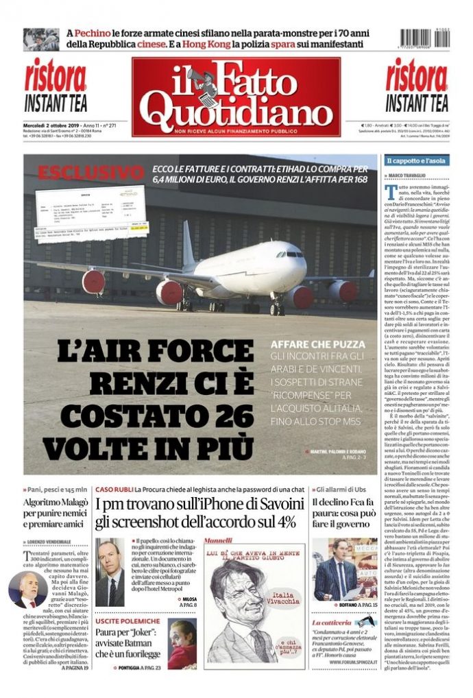 Copertina di mercoledì 2 ottobre 2019