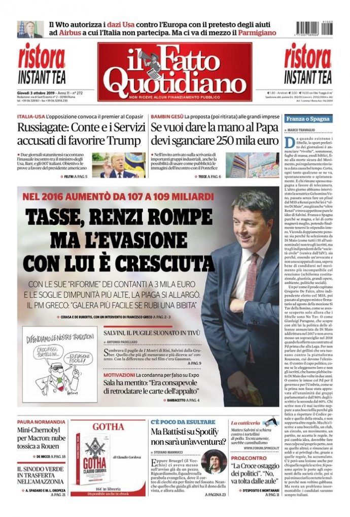 Copertina di giovedì 3 ottobre 2019