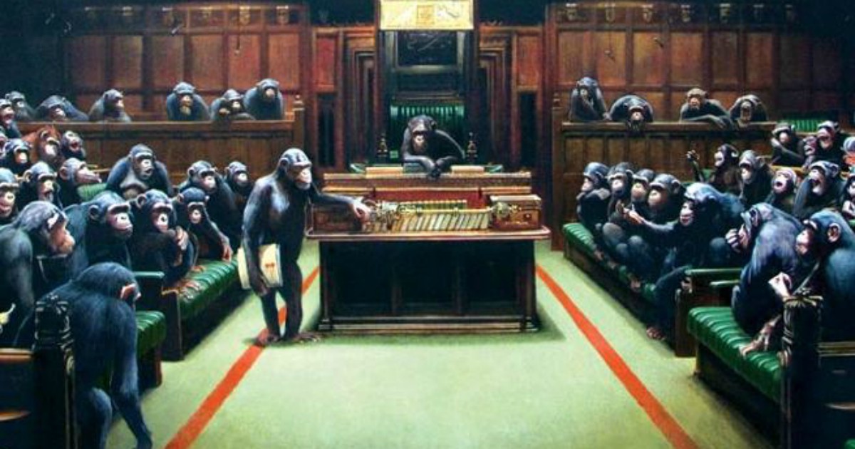 Banksy, asta record per il suo “Parlamento delle scimmie”: venduto da Sotheby’s a 11,1 milioni di euro