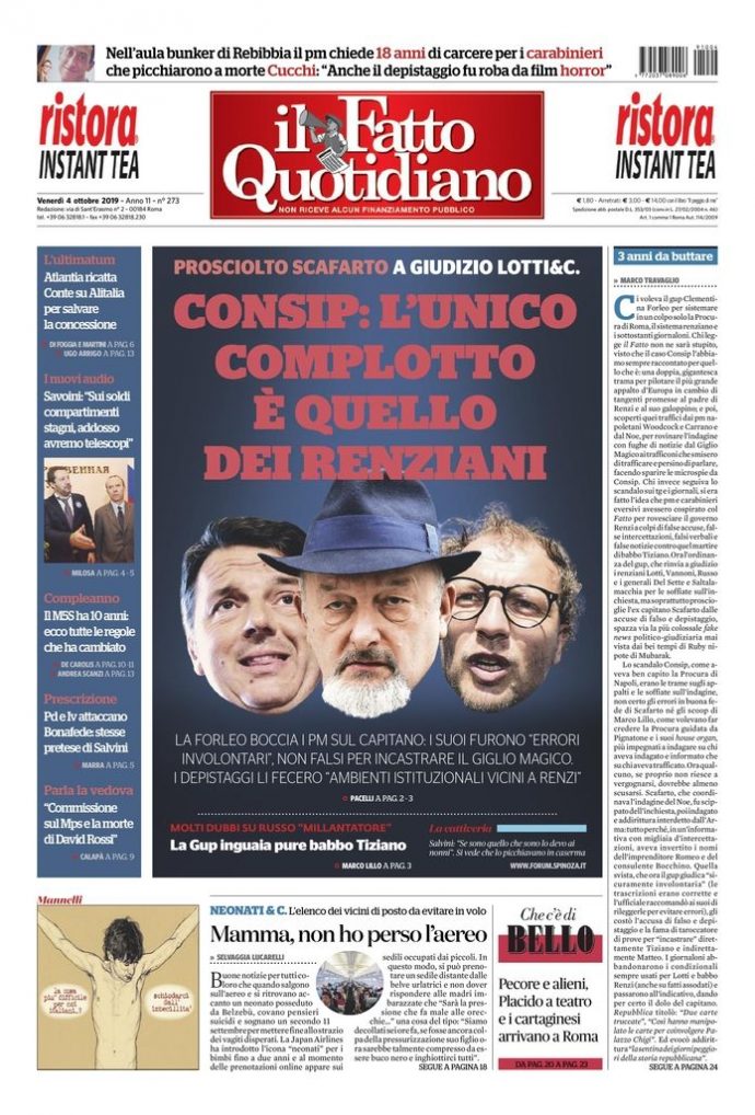 Copertina di venerdì 4 ottobre 2019