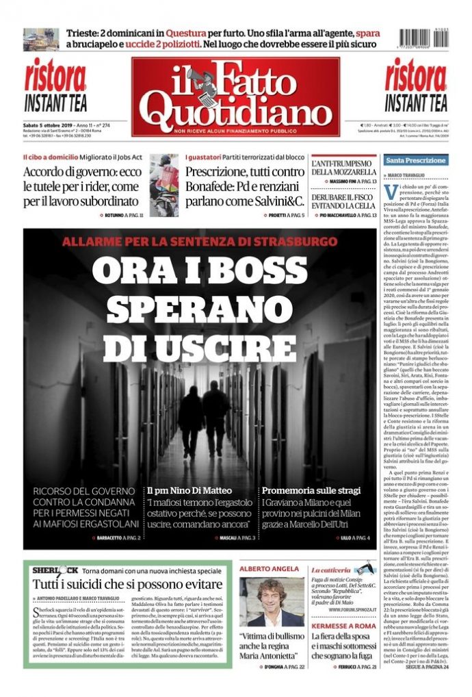 Copertina di sabato 5 ottobre 2019